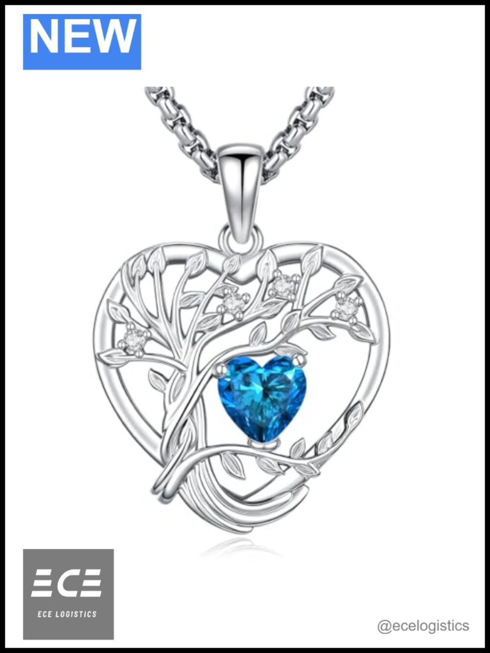 Tree of Life Heart Blue Topaz Birthstone Pendant Necklace Copper Sterling